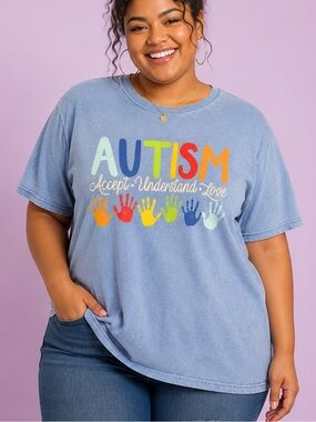 Hand Crafted Light Blue Autism Awareness Short Sleeve Tee LARGE